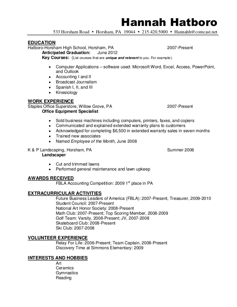 Resume sample hannah hatboro 0411