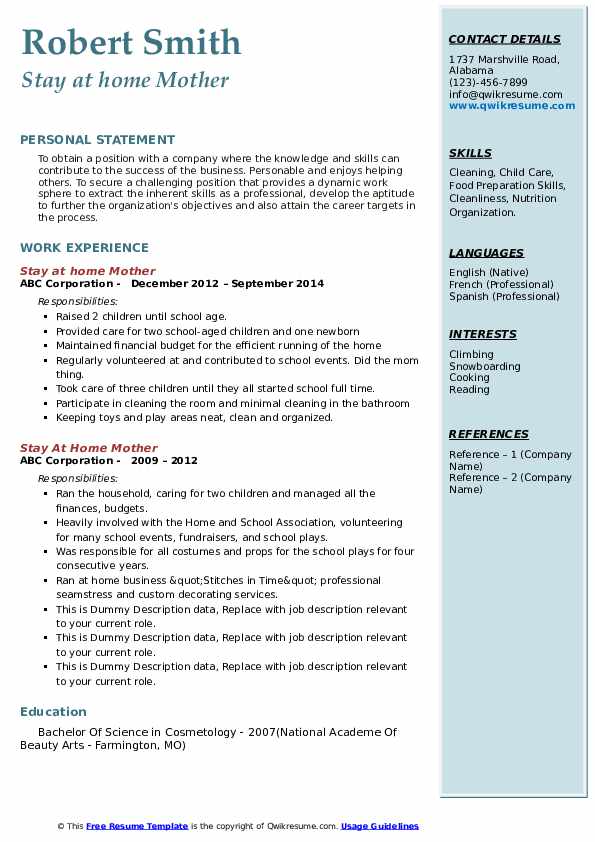 10 Resume Template For Stay At Home Mom Template Guru