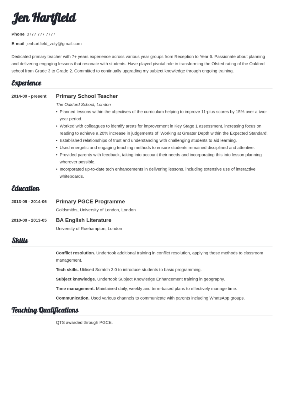 Teacher CV Example [Writing Guide & Tips for Teaching Jobs]