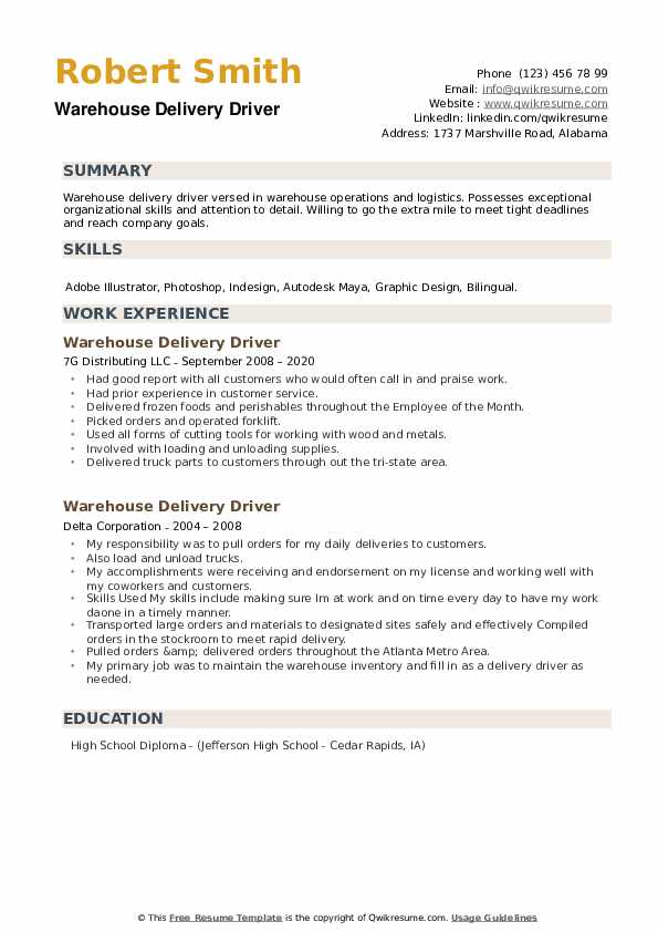 Warehouse Delivery Driver Resume Samples QwikResume