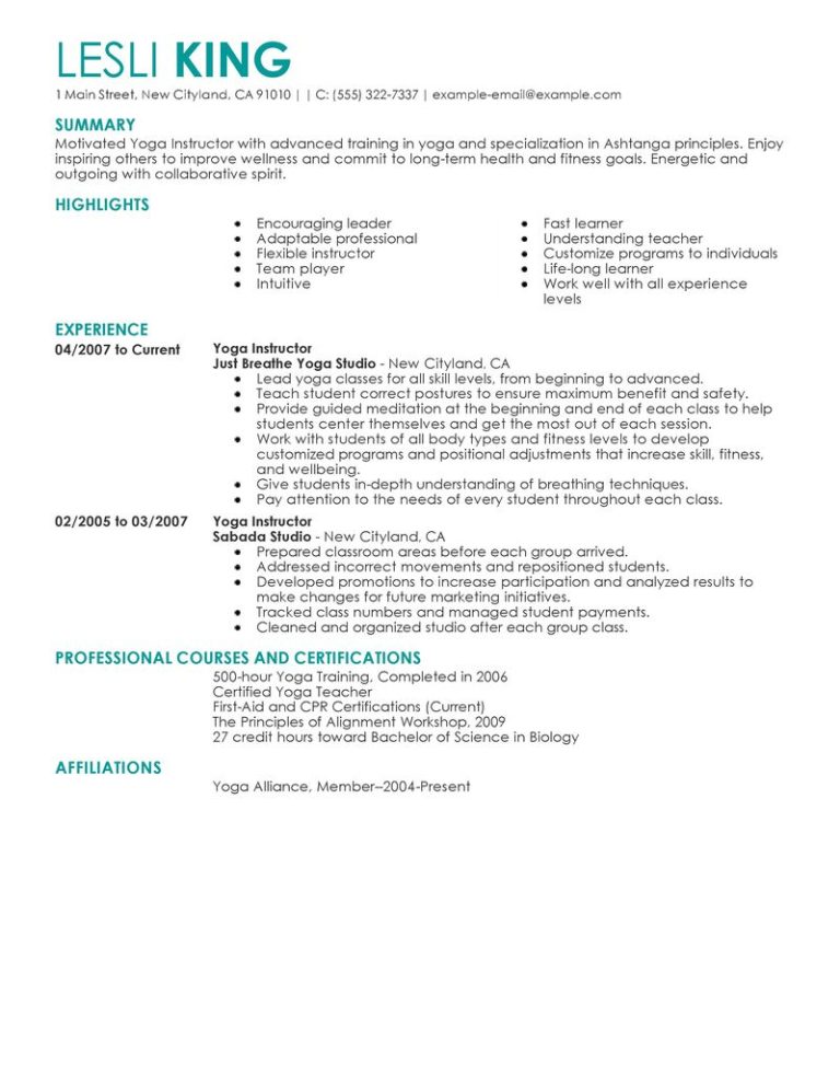 Yoga Teacher Job Description For Resume