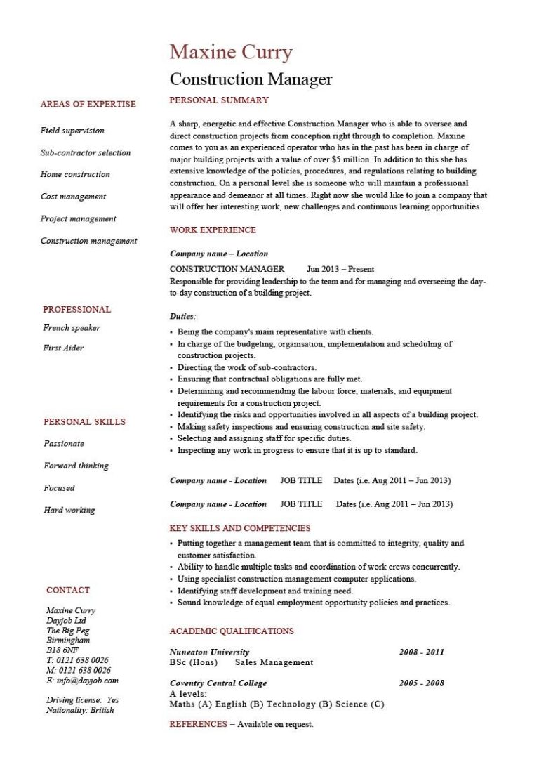 Construction Site Manager Resume Sample