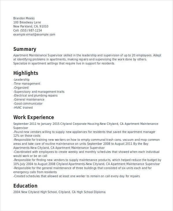 Maintenance Supervisor Resume Template