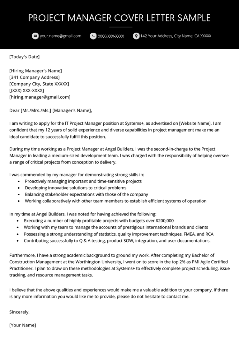 Project Manager Resume Cover Letter Examples