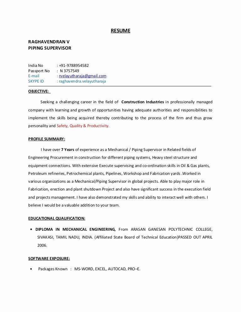 Piping Supervisor Resume Pdf