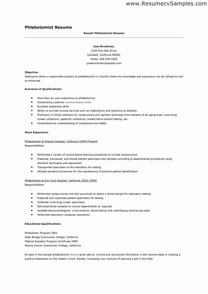 Phlebotomy Resume No Experience Beautiful Phlebotomy Resume Objective
