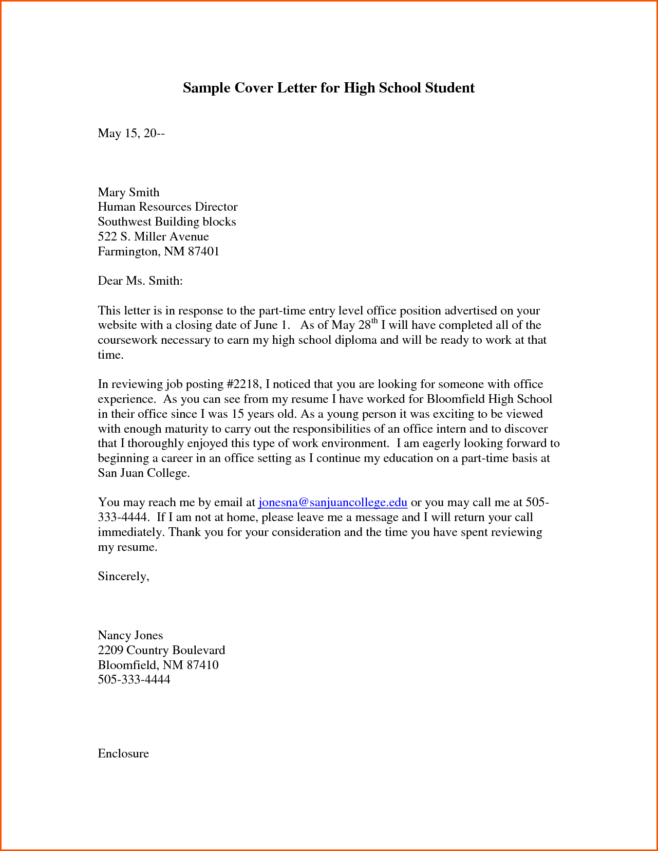 cover letter for high school student denial sample college application