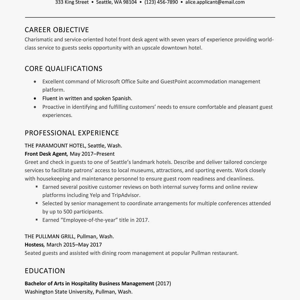 Hotel Front Desk Resume Examples