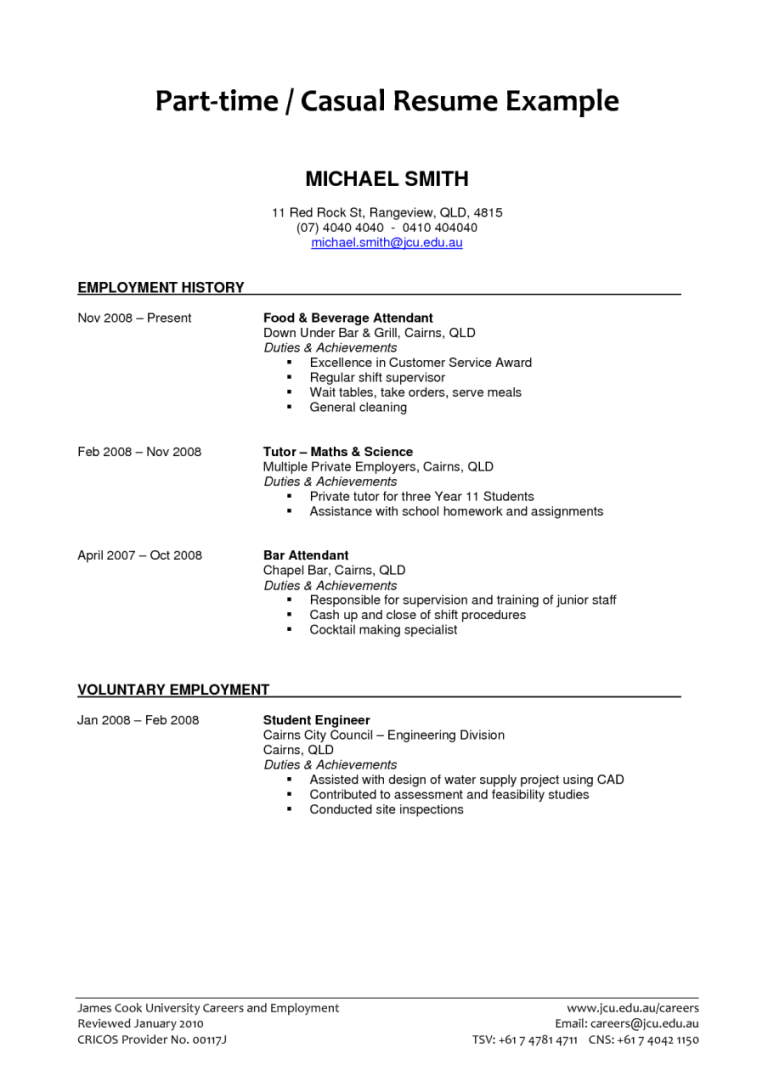 Part Time Job Resume Sample For Students