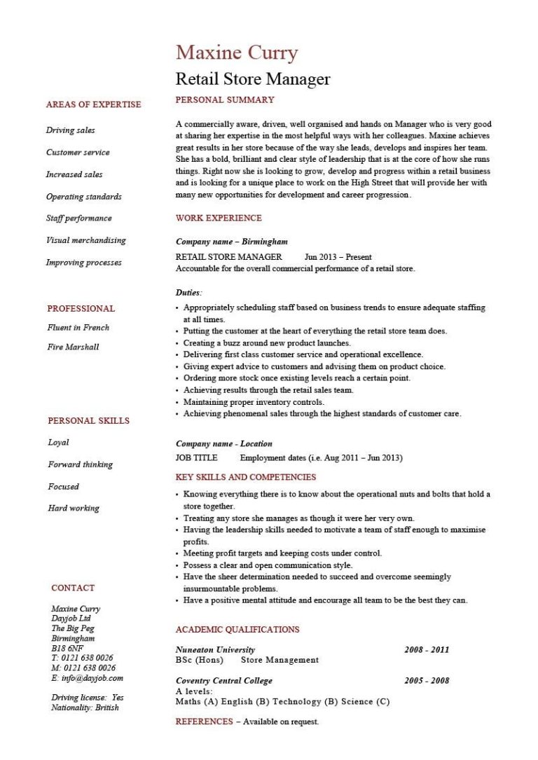 Retail Manager Cv Templates