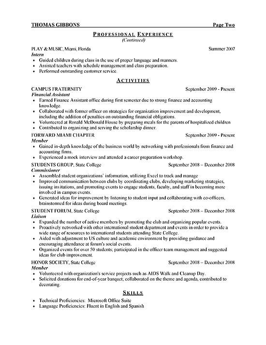 Internship Resume Examples For College Students