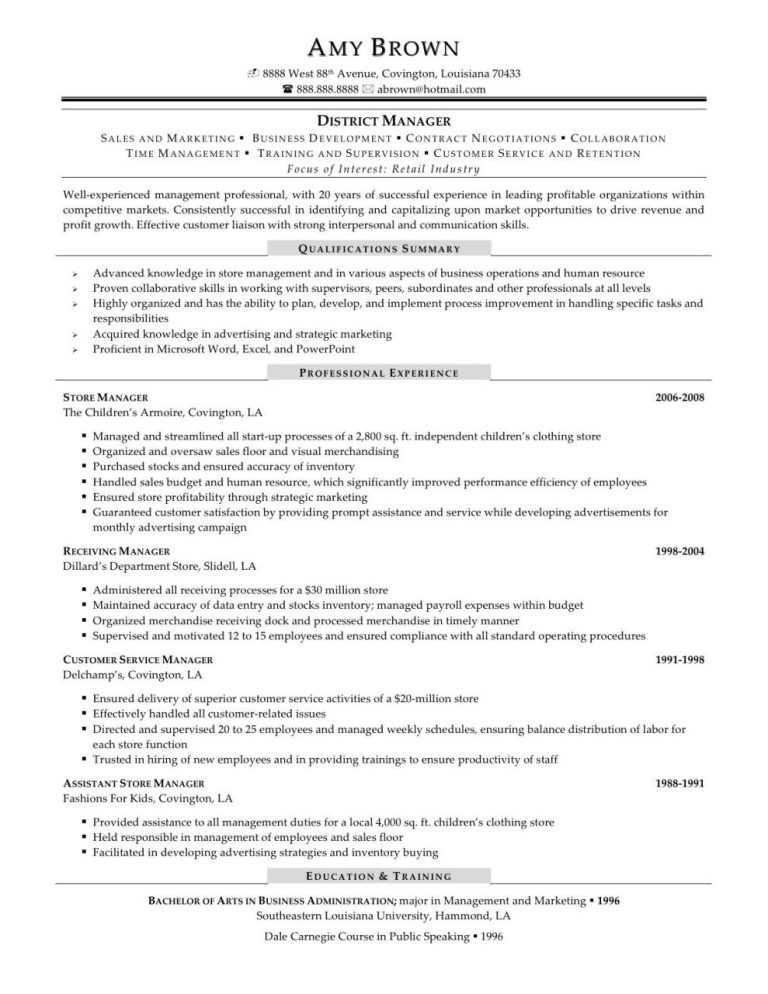 Sales Supervisor Responsibilities Resume