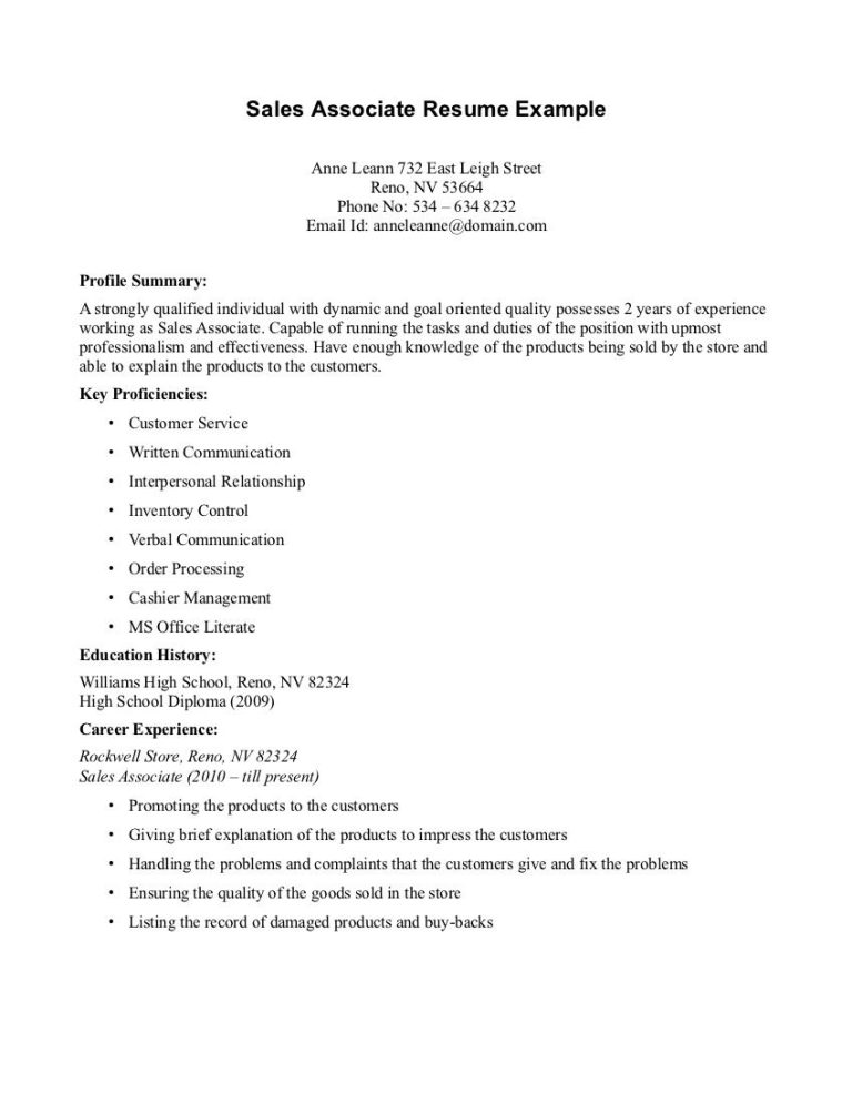 Retail Resume Sample Sales Associate