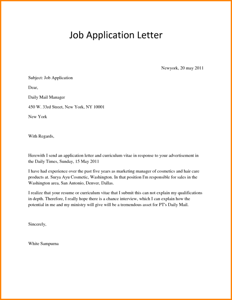 Simple Sample Email For Job Application With Resume