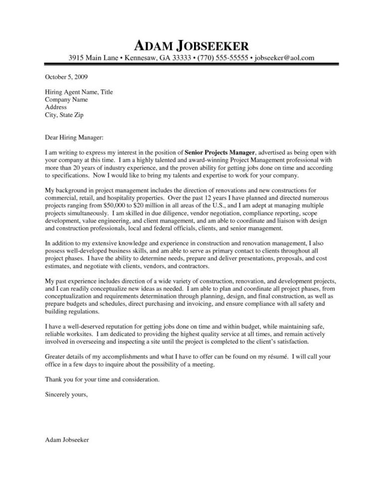 Senior Construction Project Manager Cover Letter