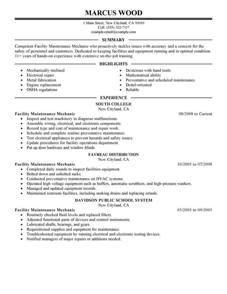 How To Write A Resume For A Maintenance Mechanic