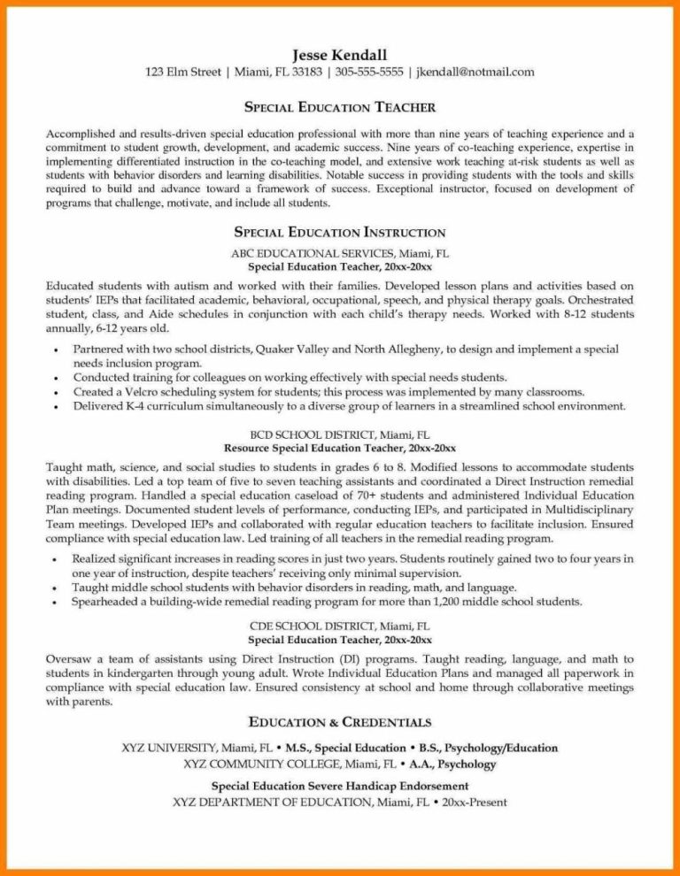 Special Education Teacher Resume Examples 2020