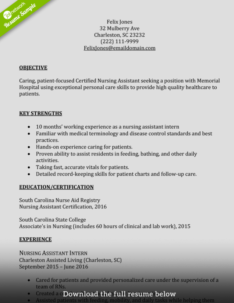 Sample Resume Summary For Nursing Assistant