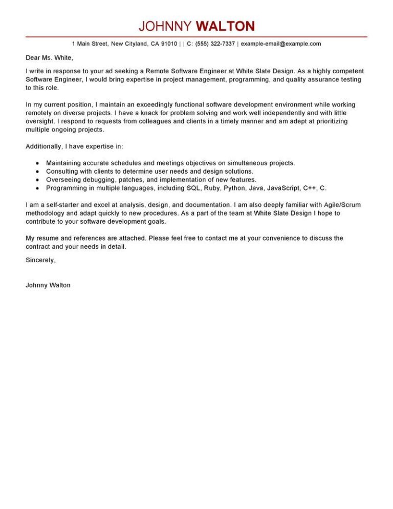 Software Engineer Cover Letter Examples