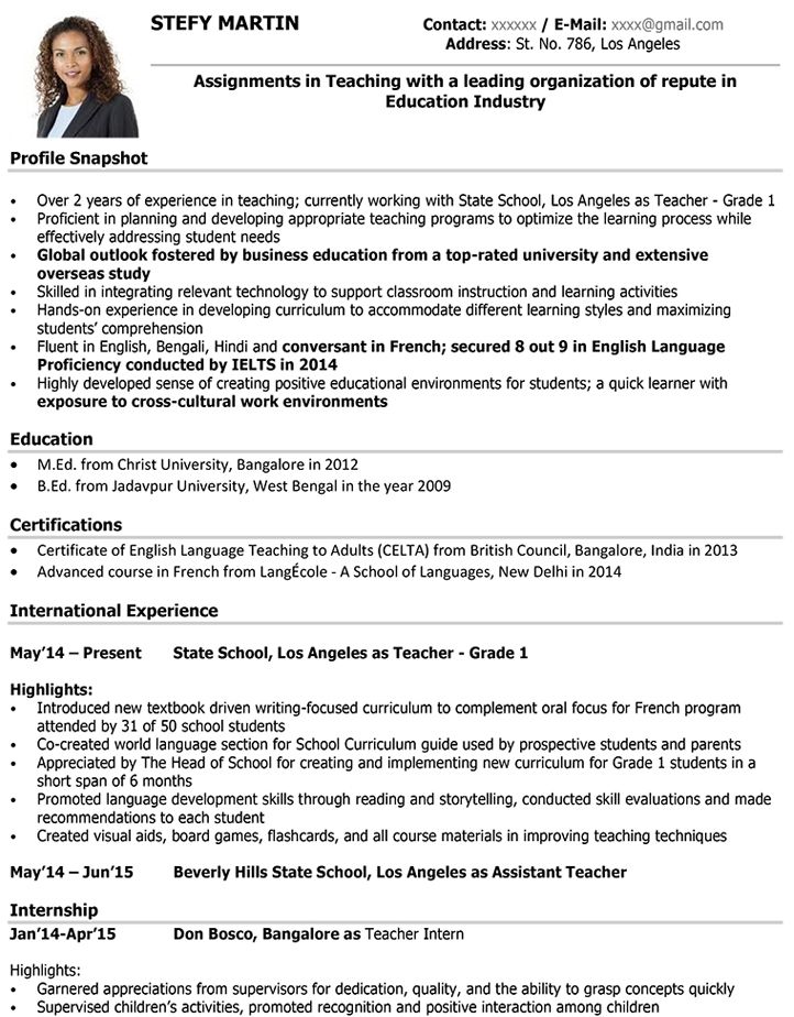 Sample Resume For Teachers With Experience In India