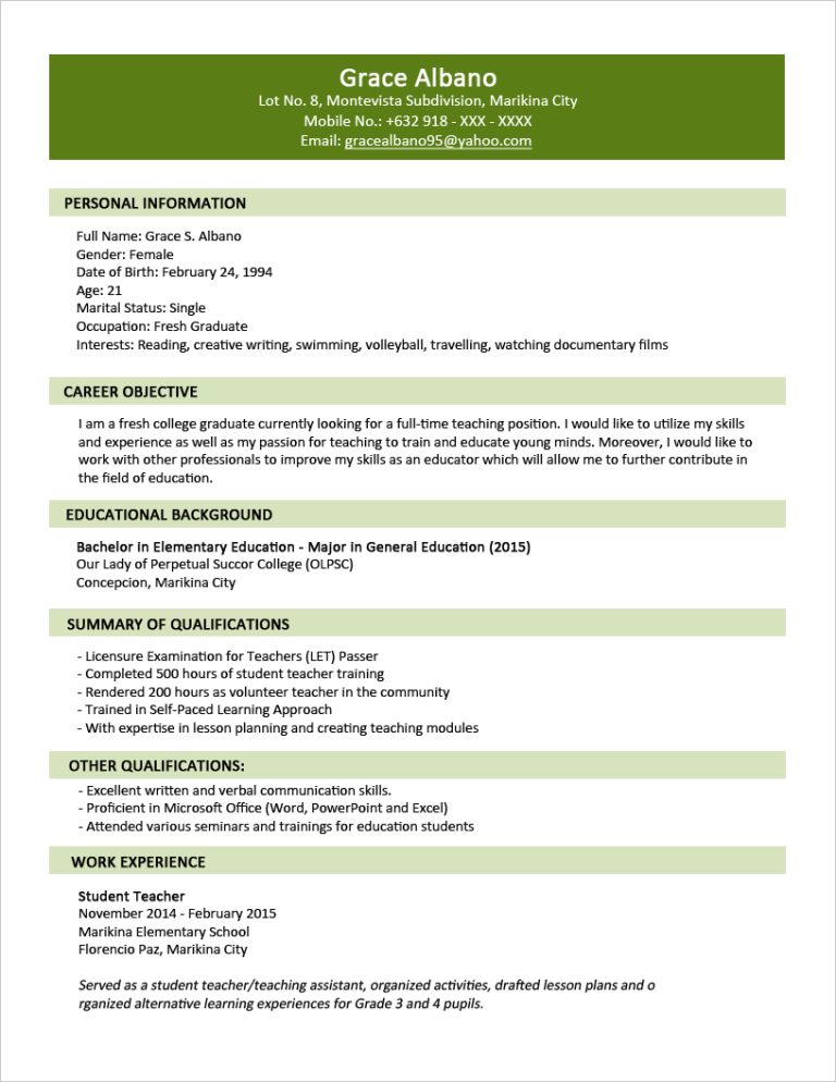 Sample Cv For Fresh Graduate Without Work Experience