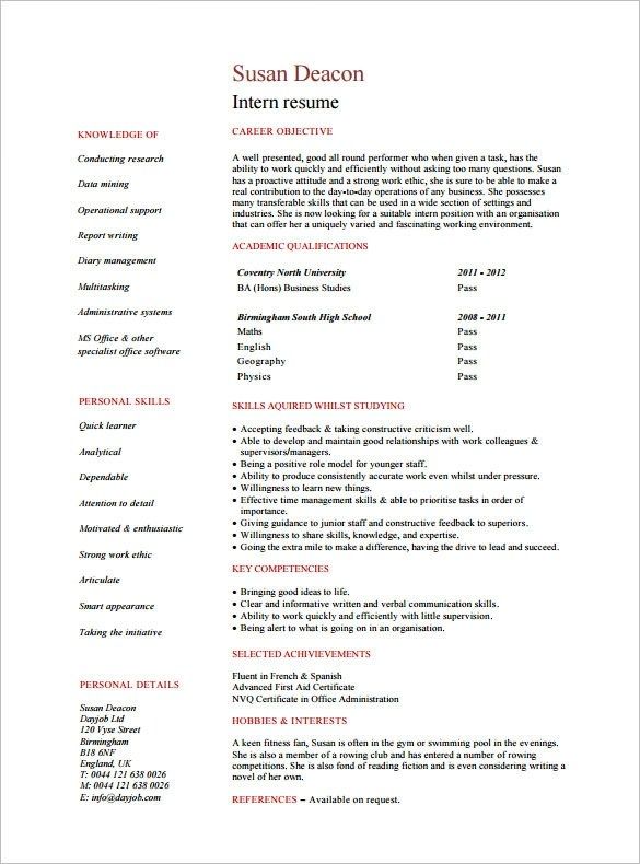 Internship Cv Template Free Download