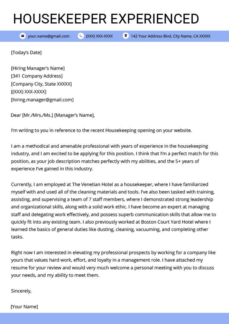 Application Letter For Hotel Housekeeping