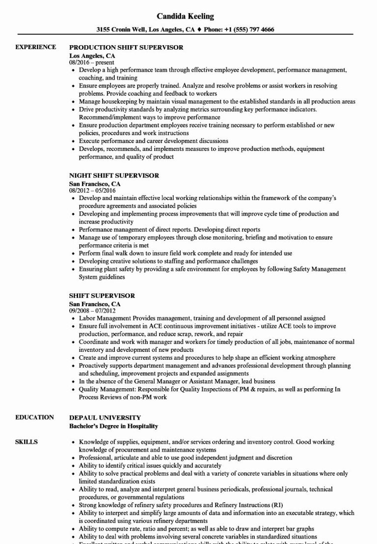 Resume Shift Supervisor Job Description