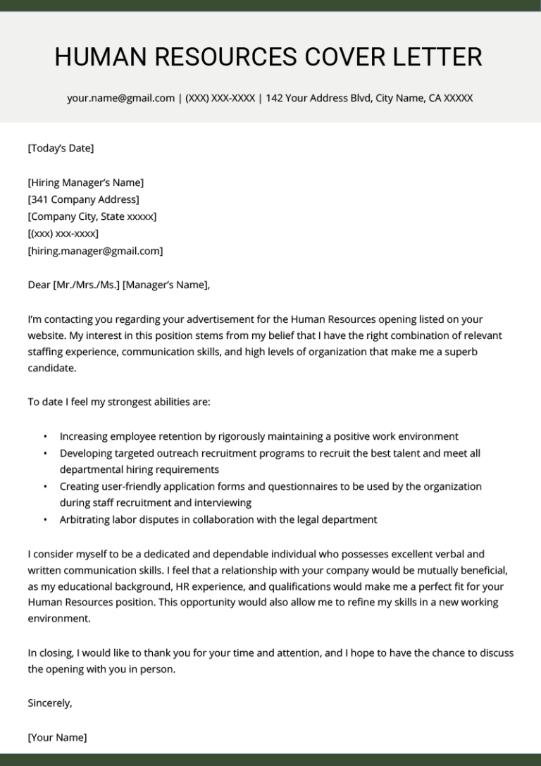 Sample Cover Letter For A Human Resources Manager Job