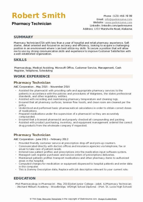 Pharmacy Technician Skills Summary For Resume