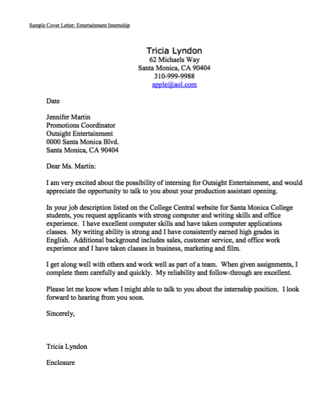 College Internship Cover Letter Examples