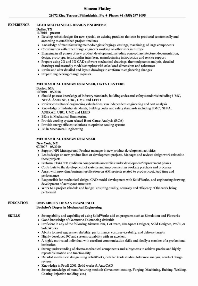 1 Year Experience Resume Format For Mechanical Design Engineer