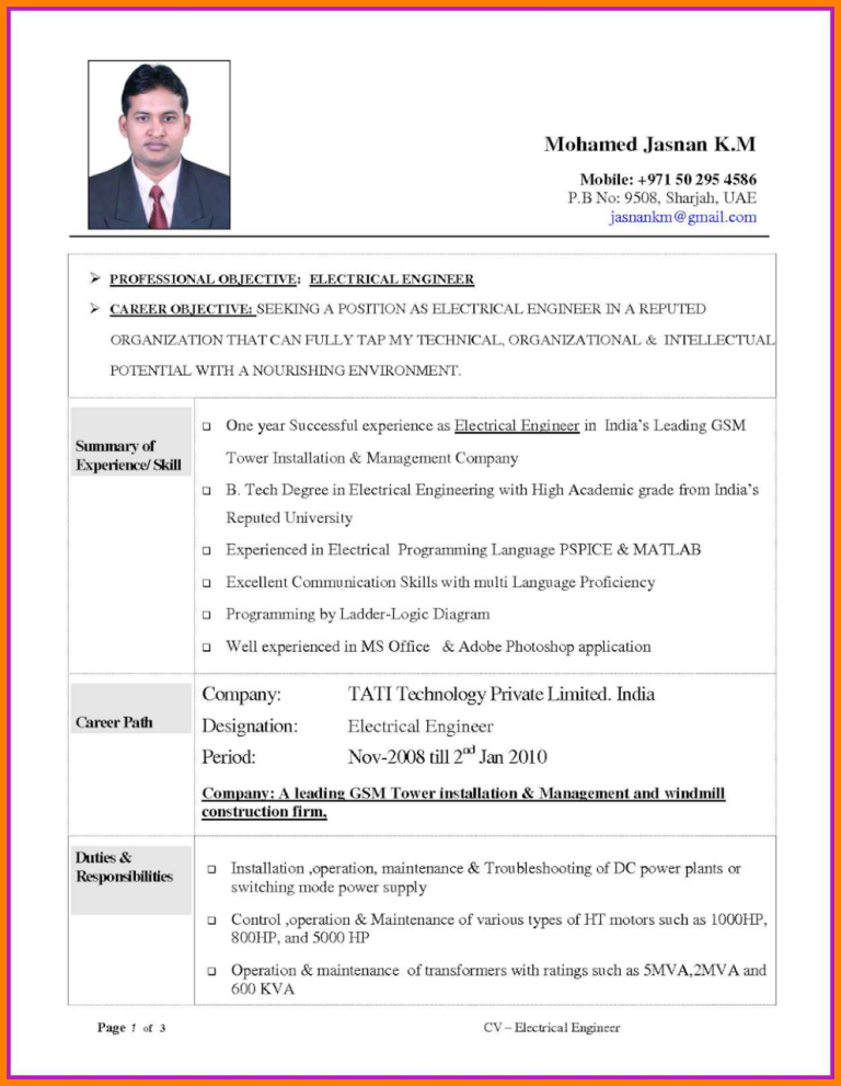 Experienced Engineering Resume Format Pdf