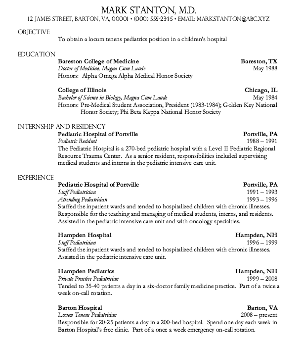 Sample Resume Pediatrician Doctor