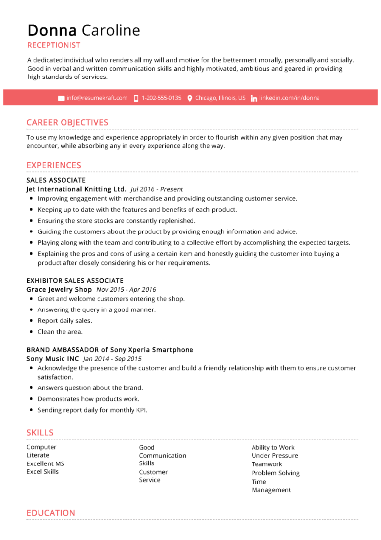 Receptionist Cv Without Experience