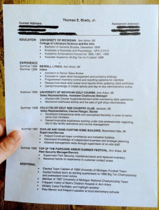 Tom Brady's resume after graduating from UM uofm