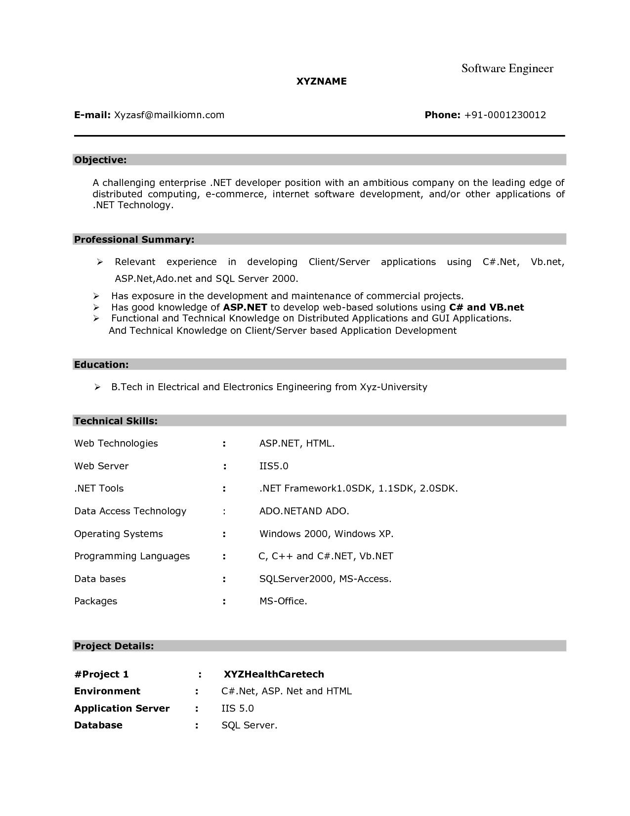 Resume Format For 6 Months Experienced Software Engineer Resume