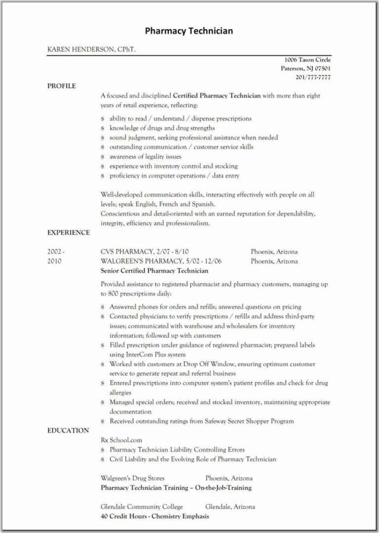 Pharmacy Technician Resume Job Description