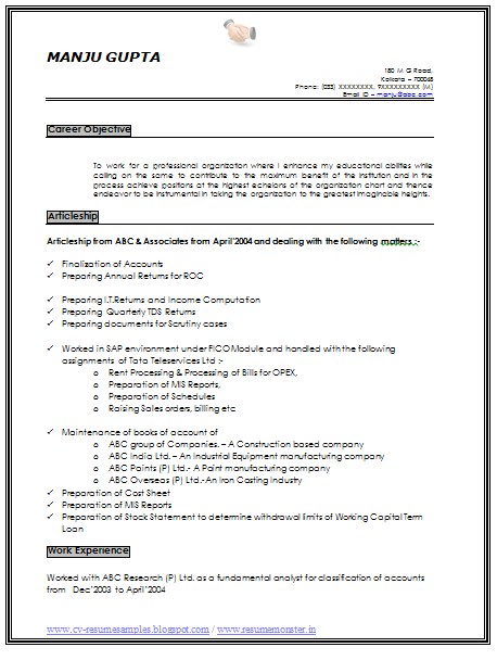 Chartered Accountant Resume Samples India