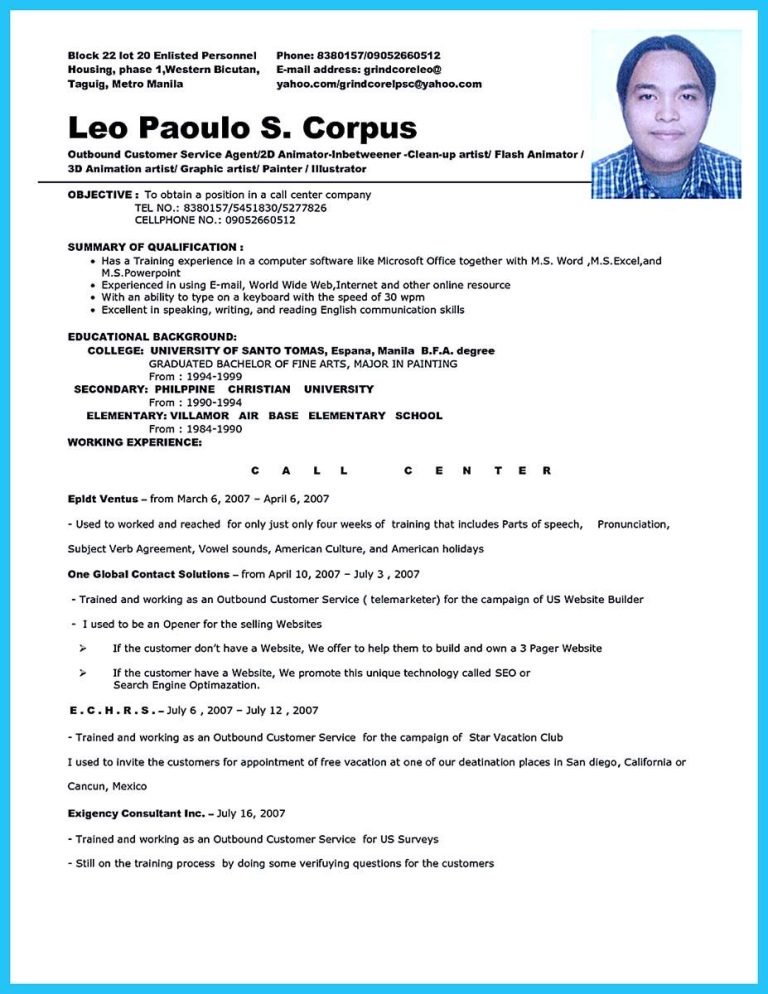 Call Center Resume Sample Without Experience Philippines