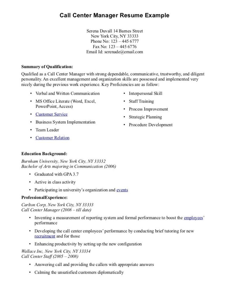 Call Center Sample Resume With No Experience
