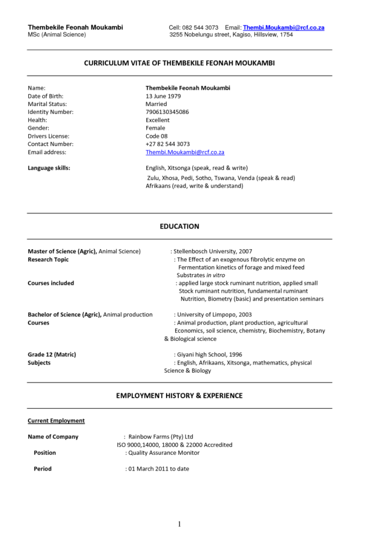 Curriculum Vitae Template Free Download South Africa