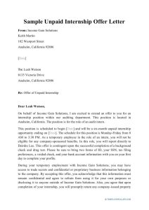 Sample Unpaid Internship Offer Letter Download Printable PDF