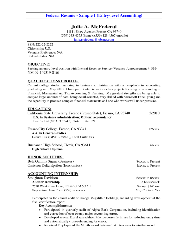 Resume Summary Examples Entry Level Accounting