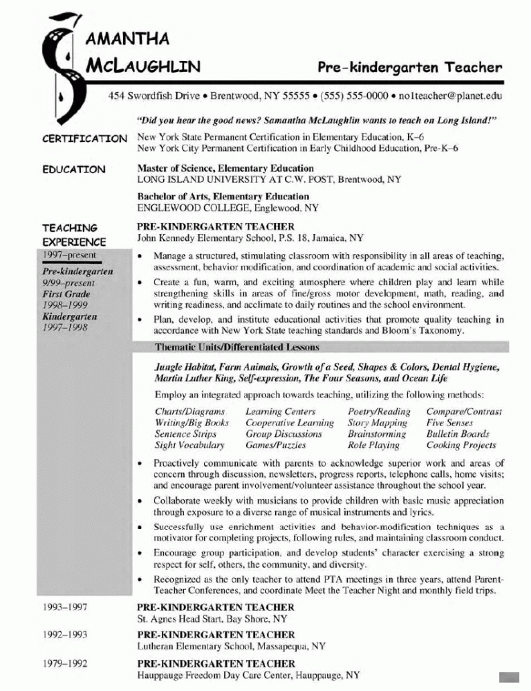 1st Grade Teacher Resume Sample