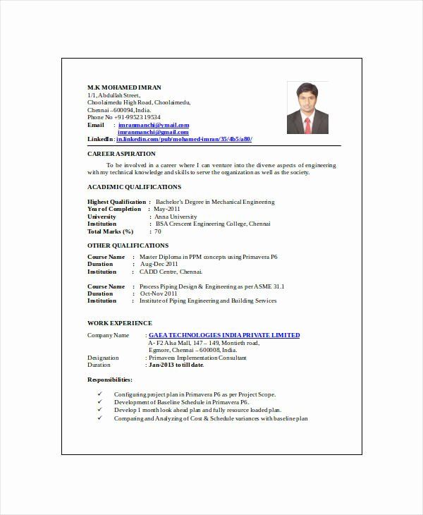 1 Year Experience Resume Format For Design Engineer Pdf
