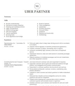 Uber Partner Drivers Resume Example Company Name Hermitage, Tennessee