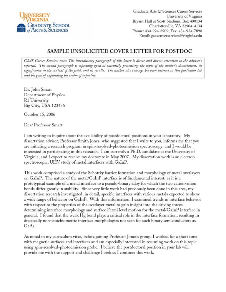 Postdoctoral Application Letter Example