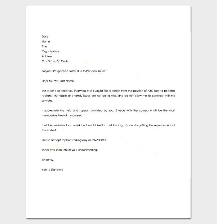 Short Resignation Letter Example