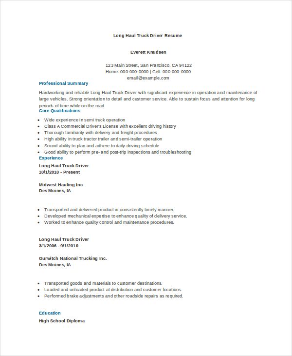 Truck Driver Cv Format In Ms Word